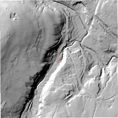 Shaded relief map of the ground around BB44NA, computed from Environment Agency LiDAR. The ground here sits at about 174 m above sea level and falls 85 m across the surrounding 800 m. Surface water reaching this point runs off ground lying to the west-north-west, 71.5 m higher.