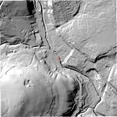 Shaded relief map of the ground around BB44NF, computed from Environment Agency LiDAR. The ground here sits at about 172 m above sea level and falls 89 m across the surrounding 800 m. Surface water reaching this point runs off ground lying to the south-west, 82.3 m higher.
