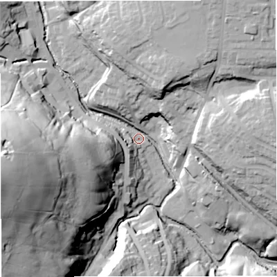 Shaded relief map of the ground around BB44NH, computed from Environment Agency LiDAR. The ground here sits at about 169 m above sea level and falls 81 m across the surrounding 800 m. Surface water reaching this point runs off ground lying to the west-south-west, 72.0 m higher.