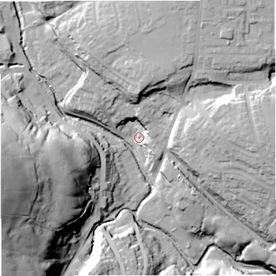 Shaded relief map of the ground around BB44NJ, computed from Environment Agency LiDAR. The ground here sits at about 170 m above sea level and falls 74 m across the surrounding 800 m. Surface water reaching this point runs off ground lying to the north-north-east, 30.2 m higher.