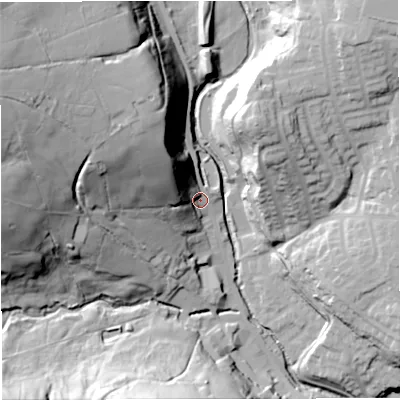 Shaded relief map of the ground around BB44NP, computed from Environment Agency LiDAR. The ground here sits at about 179 m above sea level and falls 65 m across the surrounding 800 m. Surface water reaching this point runs off ground lying to the north-west, 32.7 m higher.