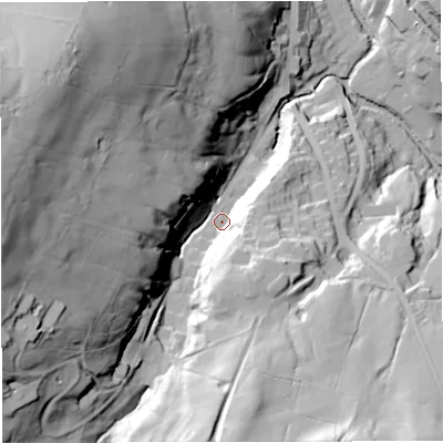 Shaded relief map of the ground around BB44PF, computed from Environment Agency LiDAR. The ground here sits at about 180 m above sea level and falls 89 m across the surrounding 800 m. Surface water reaching this point runs off ground lying to the west, 70.2 m higher.