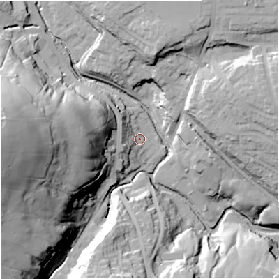 Shaded relief map of the ground around BB44PS, computed from Environment Agency LiDAR. The ground here sits at about 168 m above sea level and falls 79 m across the surrounding 800 m. Surface water reaching this point runs off ground lying to the west, 28.5 m higher.