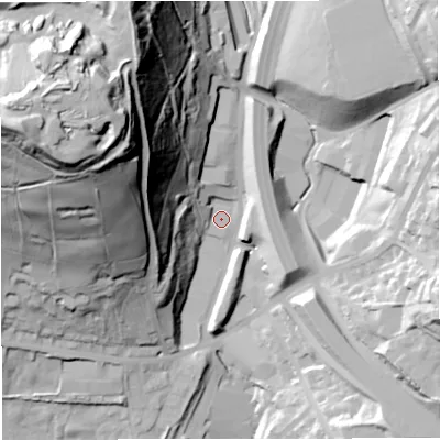 Shaded relief map of the ground around BB44PW, computed from Environment Agency LiDAR. The ground here sits at about 195 m above sea level and falls 105 m across the surrounding 800 m. Surface water reaching this point runs off ground lying to the north-north-west, 71.9 m higher.