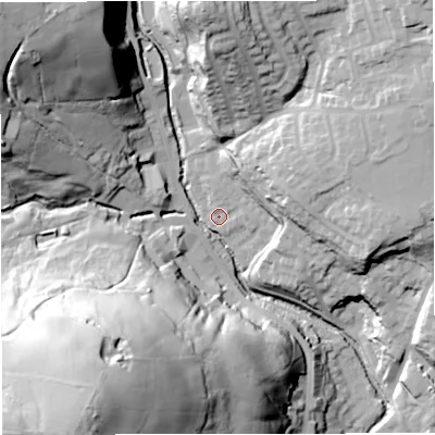 Shaded relief map of the ground around BB44QP, computed from Environment Agency LiDAR. The ground here sits at about 174 m above sea level and falls 84 m across the surrounding 800 m. Surface water reaching this point runs off ground lying to the east-north-east, 21.5 m higher.