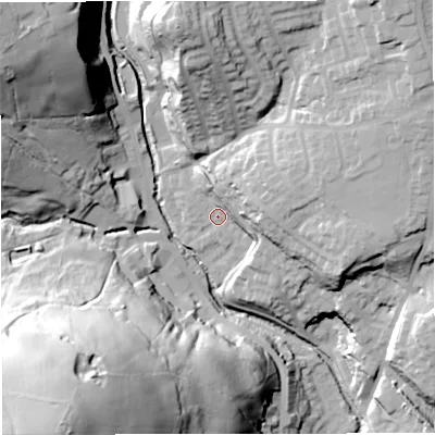 Shaded relief map of the ground around BB44QS, computed from Environment Agency LiDAR. The ground here sits at about 176 m above sea level and falls 78 m across the surrounding 800 m. Surface water reaching this point runs off ground lying to the east-north-east, 19.6 m higher.