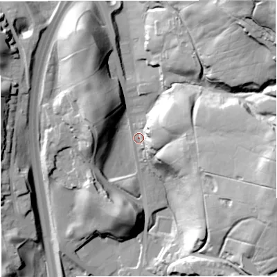 Shaded relief map of the ground around BB45AT, computed from Environment Agency LiDAR. The ground here sits at about 233 m above sea level and falls 85 m across the surrounding 800 m. Surface water reaching this point runs off ground lying to the north-east, 74.0 m higher.