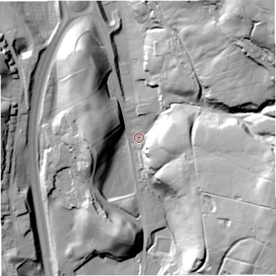 Shaded relief map of the ground around BB45AX, computed from Environment Agency LiDAR. The ground here sits at about 236 m above sea level and falls 87 m across the surrounding 800 m. Surface water reaching this point runs off ground lying to the north-east, 73.1 m higher.