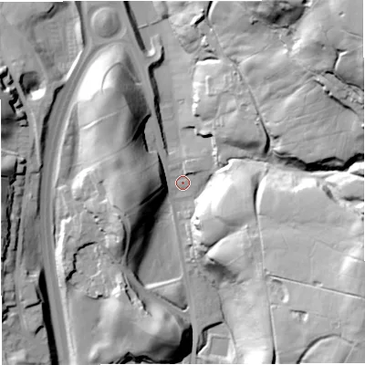 Shaded relief map of the ground around BB45AY, computed from Environment Agency LiDAR. The ground here sits at about 237 m above sea level and falls 86 m across the surrounding 800 m. Surface water reaching this point runs off ground lying to the north-east, 3.5 m higher.