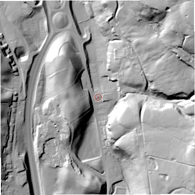 Shaded relief map of the ground around BB45BA, computed from Environment Agency LiDAR. The ground here sits at about 238 m above sea level and falls 84 m across the surrounding 800 m. Surface water reaching this point runs off ground lying to the north-west, 21.0 m higher.