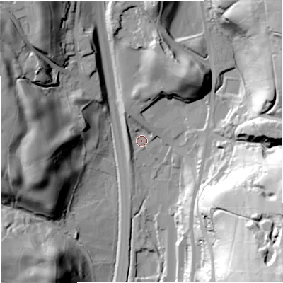 Shaded relief map of the ground around BB45BT, computed from Environment Agency LiDAR. The ground here sits at about 222 m above sea level and falls 81 m across the surrounding 800 m. Surface water reaching this point runs off ground lying to the north-north-west, 7.9 m higher.