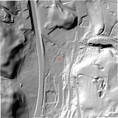 Shaded relief map of the ground around BB45BU, computed from Environment Agency LiDAR. The ground here sits at about 221 m above sea level and falls 97 m across the surrounding 800 m. Surface water reaching this point runs off ground lying to the north-east, 4.2 m higher.