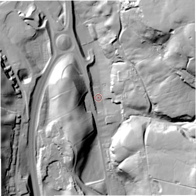 Shaded relief map of the ground around BB45DD, computed from Environment Agency LiDAR. The ground here sits at about 236 m above sea level and falls 81 m across the surrounding 800 m. Surface water reaching this point runs off ground lying to the south-west, 3.3 m higher.
