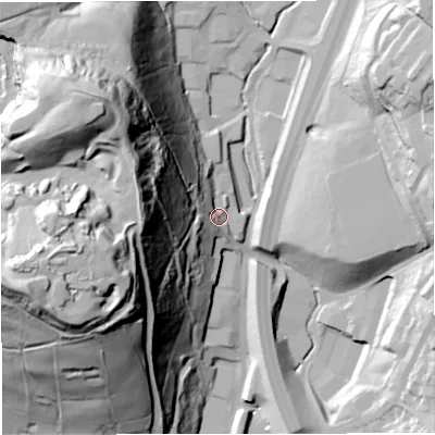Shaded relief map of the ground around BB45EJ, computed from Environment Agency LiDAR. The ground here sits at about 208 m above sea level and falls 100 m across the surrounding 800 m. Surface water reaching this point runs off ground lying to the west-north-west, 66.6 m higher.