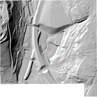 Shaded relief map of the ground around BB45EN, computed from Environment Agency LiDAR. The ground here sits at about 194 m above sea level and falls 92 m across the surrounding 800 m. Surface water reaching this point runs off ground lying to the east-north-east, 45.7 m higher.