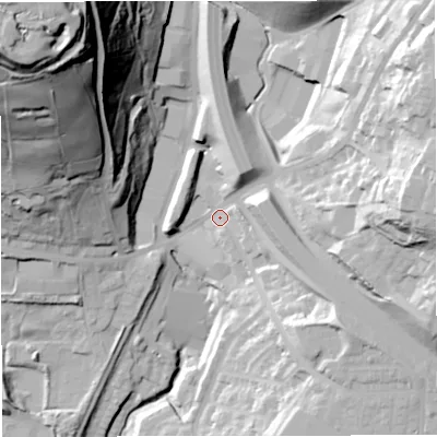 Shaded relief map of the ground around BB45ES, computed from Environment Agency LiDAR. The ground here sits at about 195 m above sea level and falls 104 m across the surrounding 800 m. Surface water reaching this point runs off ground lying to the east-north-east, 42.6 m higher.