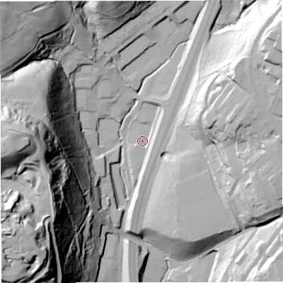 Shaded relief map of the ground around BB45HH, computed from Environment Agency LiDAR. The ground here sits at about 202 m above sea level and falls 96 m across the surrounding 800 m. Surface water reaching this point runs off ground lying to the south-east, 4.6 m higher.