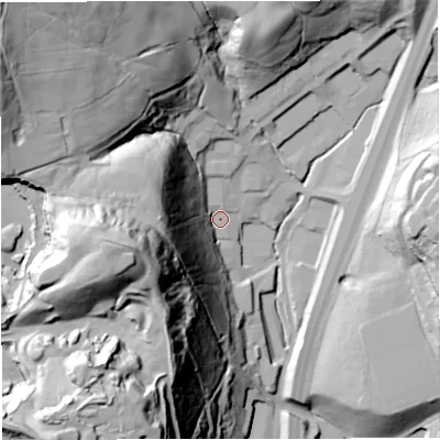 Shaded relief map of the ground around BB45HR, computed from Environment Agency LiDAR. The ground here sits at about 205 m above sea level and falls 98 m across the surrounding 800 m. Surface water reaching this point runs off ground lying to the west-south-west, 84.0 m higher.