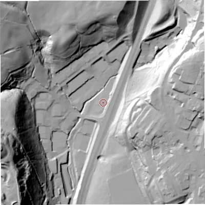 Shaded relief map of the ground around BB45HU, computed from Environment Agency LiDAR. The ground here sits at about 207 m above sea level and falls 92 m across the surrounding 800 m. Surface water reaching this point runs off ground lying to the east-south-east, 4.2 m higher.