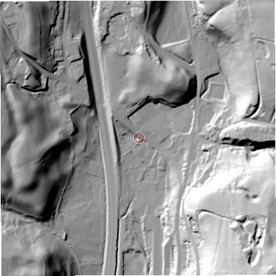 Shaded relief map of the ground around BB45JH, computed from Environment Agency LiDAR. The ground here sits at about 224 m above sea level and falls 82 m across the surrounding 800 m. Surface water reaching this point runs off ground lying to the north-north-west, 4.3 m higher.