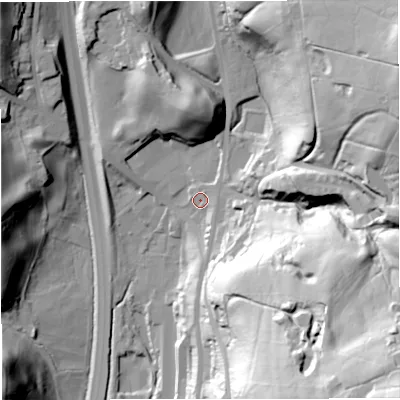 Shaded relief map of the ground around BB45JN, computed from Environment Agency LiDAR. The ground here sits at about 227 m above sea level and falls 98 m across the surrounding 800 m. Surface water reaching this point runs off ground lying to the east, 3.7 m higher.