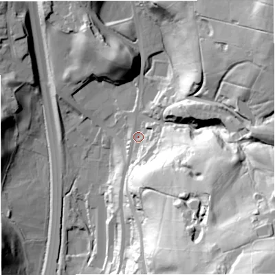 Shaded relief map of the ground around BB45JQ, computed from Environment Agency LiDAR. The ground here sits at about 229 m above sea level and falls 103 m across the surrounding 800 m. Surface water reaching this point runs off ground lying to the south-east, 88.3 m higher.
