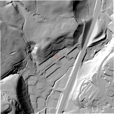 Shaded relief map of the ground around BB45JT, computed from Environment Agency LiDAR. The ground here sits at about 211 m above sea level and falls 91 m across the surrounding 800 m. Surface water reaching this point runs off ground lying to the north-north-east, 47.2 m higher.