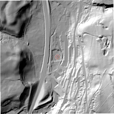 Shaded relief map of the ground around BB45JW, computed from Environment Agency LiDAR. The ground here sits at about 217 m above sea level and falls 101 m across the surrounding 800 m. Surface water reaching this point runs off ground lying to the south-south-west, 3.5 m higher.