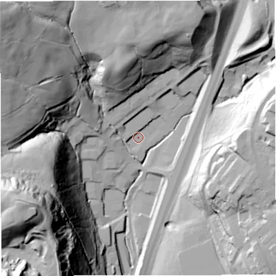 Shaded relief map of the ground around BB45LA, computed from Environment Agency LiDAR. The ground here sits at about 205 m above sea level and falls 93 m across the surrounding 800 m. Surface water reaching this point runs off ground lying to the north-west, 60.7 m higher.