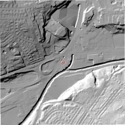 Shaded relief map of the ground around BB46AA, computed from Environment Agency LiDAR. The ground here sits at about 166 m above sea level and falls 74 m across the surrounding 800 m. Surface water reaching this point runs off ground lying to the north-west, 50.8 m higher.