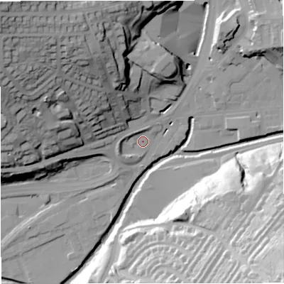 Shaded relief map of the ground around BB46AB, computed from Environment Agency LiDAR. The ground here sits at about 166 m above sea level and falls 68 m across the surrounding 800 m. Surface water reaching this point runs off ground lying to the west, 4.2 m higher.