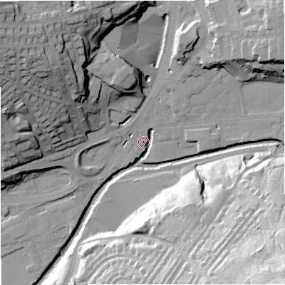 Shaded relief map of the ground around BB46AD, computed from Environment Agency LiDAR. The ground here sits at about 167 m above sea level and falls 77 m across the surrounding 800 m. Surface water reaching this point runs off ground lying to the north-east, 26.7 m higher.