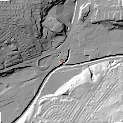 Shaded relief map of the ground around BB46AF, computed from Environment Agency LiDAR. The ground here sits at about 166 m above sea level and falls 78 m across the surrounding 800 m. Surface water reaching this point runs off ground lying to the north-east, 25.9 m higher.