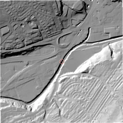 Shaded relief map of the ground around BB46AG, computed from Environment Agency LiDAR. The ground here sits at about 163 m above sea level and falls 79 m across the surrounding 800 m. Surface water reaching this point runs off ground lying to the south-east, 76.6 m higher.