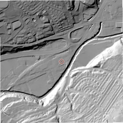 Shaded relief map of the ground around BB46AJ, computed from Environment Agency LiDAR. The ground here sits at about 165 m above sea level and falls 73 m across the surrounding 800 m. Surface water reaching this point runs off ground lying to the north-north-east, 0.9 m higher.