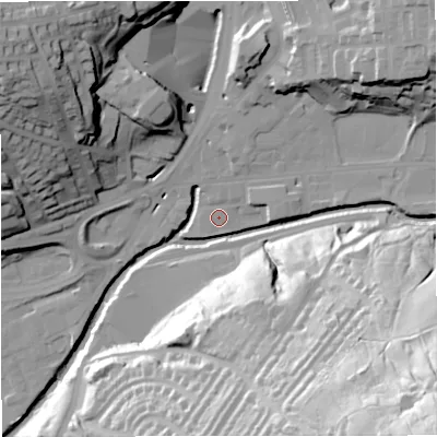 Shaded relief map of the ground around BB46DB, computed from Environment Agency LiDAR. The ground here sits at about 166 m above sea level and falls 89 m across the surrounding 800 m. Surface water reaching this point runs off ground lying to the east-north-east, 3.5 m higher.