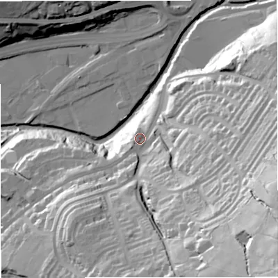 Shaded relief map of the ground around BB46DD, computed from Environment Agency LiDAR. The ground here sits at about 178 m above sea level and falls 90 m across the surrounding 800 m. Surface water reaching this point runs off ground lying to the south-east, 60.1 m higher.