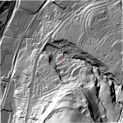 Shaded relief map of the ground around BB46EF, computed from Environment Agency LiDAR. The ground here sits at about 177 m above sea level and falls 114 m across the surrounding 800 m. Surface water reaching this point runs off ground lying to the south, 66.3 m higher.