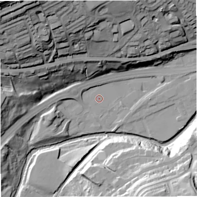 Shaded relief map of the ground around BB46HD, computed from Environment Agency LiDAR. The ground here sits at about 161 m above sea level and falls 82 m across the surrounding 800 m. The ground contributing surface water to this point lies to the north-west.