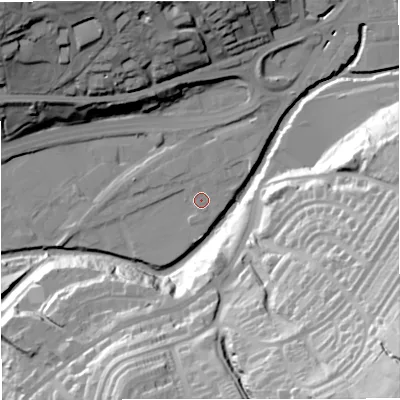 Shaded relief map of the ground around BB46HJ, computed from Environment Agency LiDAR. The ground here sits at about 163 m above sea level and falls 75 m across the surrounding 800 m. Surface water reaching this point runs off ground lying to the north-east, 3.0 m higher.