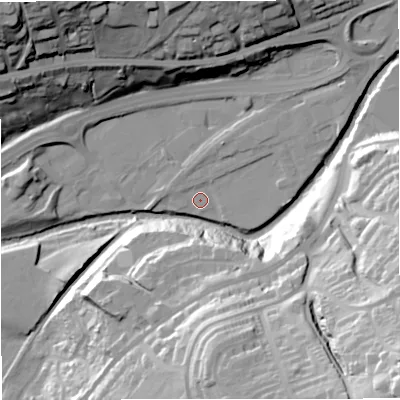 Shaded relief map of the ground around BB46HL, computed from Environment Agency LiDAR. The ground here sits at about 161 m above sea level and falls 65 m across the surrounding 800 m. Surface water reaching this point runs off ground lying to the north-east, 3.5 m higher.