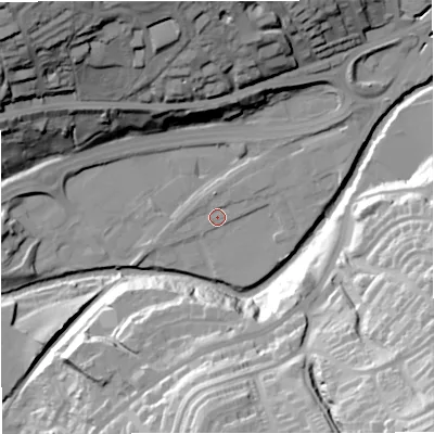 Shaded relief map of the ground around BB46HP, computed from Environment Agency LiDAR. The ground here sits at about 162 m above sea level and falls 64 m across the surrounding 800 m. Surface water reaching this point runs off ground lying to the north-east, 4.2 m higher.