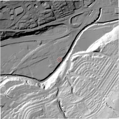 Shaded relief map of the ground around BB46HQ, computed from Environment Agency LiDAR. The ground here sits at about 163 m above sea level and falls 80 m across the surrounding 800 m. Surface water reaching this point runs off ground lying to the north-east, 7.5 m higher.