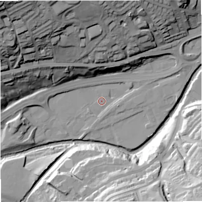 Shaded relief map of the ground around BB46HW, computed from Environment Agency LiDAR. The ground here sits at about 161 m above sea level and falls 70 m across the surrounding 800 m. Surface water reaching this point runs off ground lying to the north-west, 63.7 m higher.