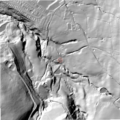 Shaded relief map of the ground around BB46HY, computed from Environment Agency LiDAR. The ground here sits at about 226 m above sea level and falls 124 m across the surrounding 800 m. Surface water reaching this point runs off ground lying to the east-south-east, 43.3 m higher.