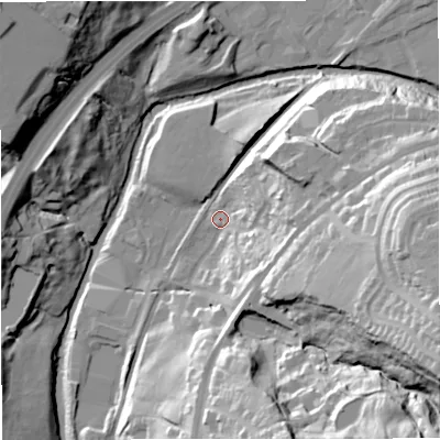 Shaded relief map of the ground around BB46JA, computed from Environment Agency LiDAR. The ground here sits at about 160 m above sea level and falls 55 m across the surrounding 800 m. Surface water reaching this point runs off ground lying to the east-north-east, 24.4 m higher.