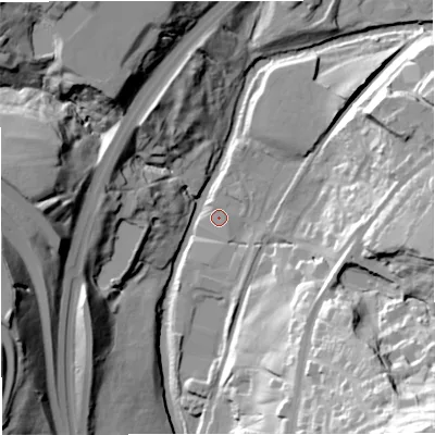 Shaded relief map of the ground around BB46JB, computed from Environment Agency LiDAR. The ground here sits at about 156 m above sea level and falls 68 m across the surrounding 800 m. Surface water reaching this point runs off ground lying to the north-east, 3.1 m higher.