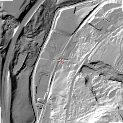 Shaded relief map of the ground around BB46JE, computed from Environment Agency LiDAR. The ground here sits at about 158 m above sea level and falls 82 m across the surrounding 800 m. Surface water reaching this point runs off ground lying to the south-east, 74.9 m higher.