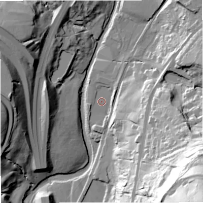Shaded relief map of the ground around BB46JF, computed from Environment Agency LiDAR. The ground here sits at about 154 m above sea level and falls 117 m across the surrounding 800 m. Surface water reaching this point runs off ground lying to the east-north-east, 5.2 m higher.