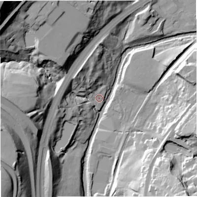 Shaded relief map of the ground around BB46JQ, computed from Environment Agency LiDAR. The ground here sits at about 157 m above sea level and falls 68 m across the surrounding 800 m. Surface water reaching this point runs off ground lying to the west, 33.3 m higher.